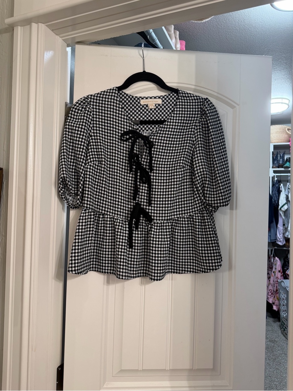 Black & White Gingham Tie-Front Peplum Top
